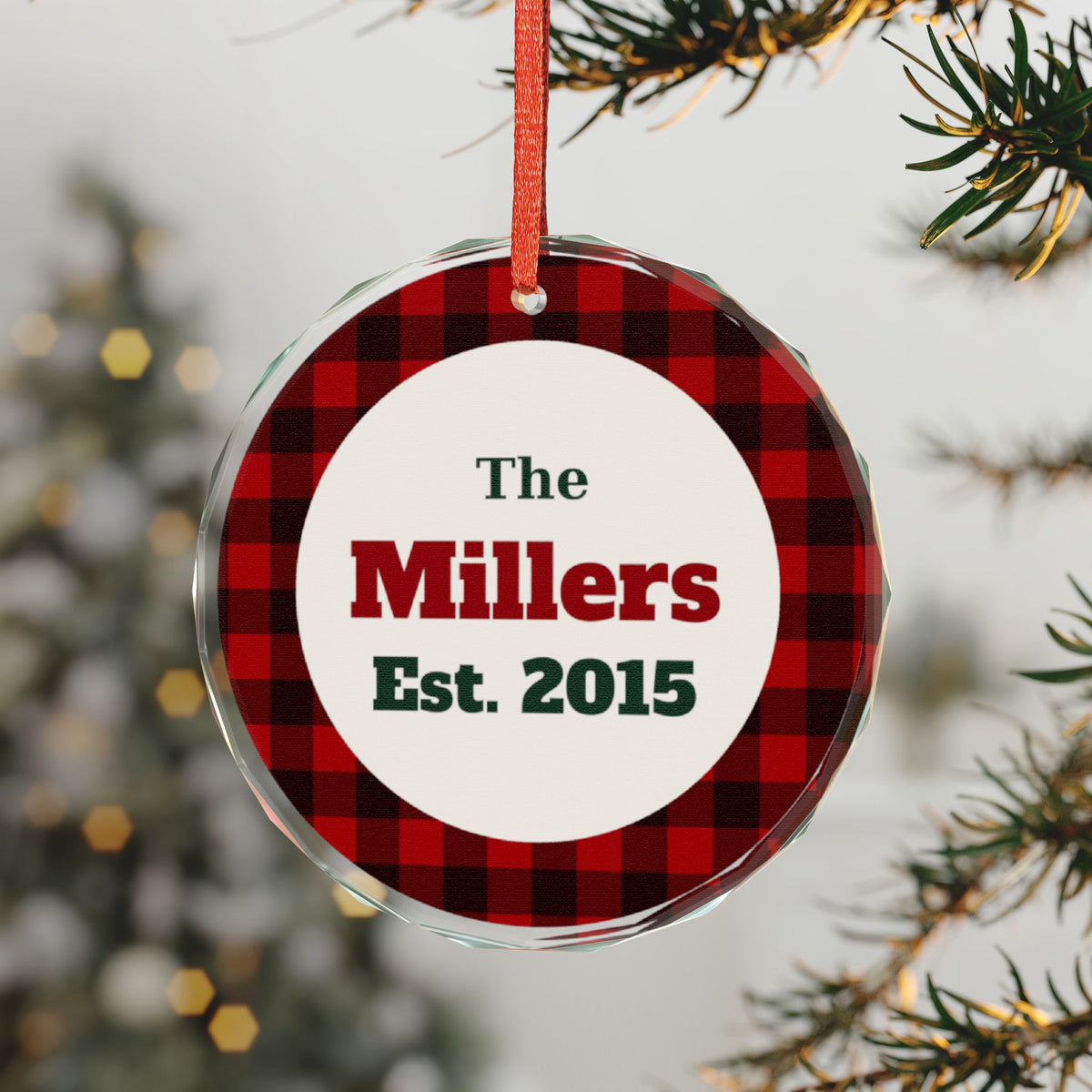 Personalized Family Name Plaid Glass Ornament