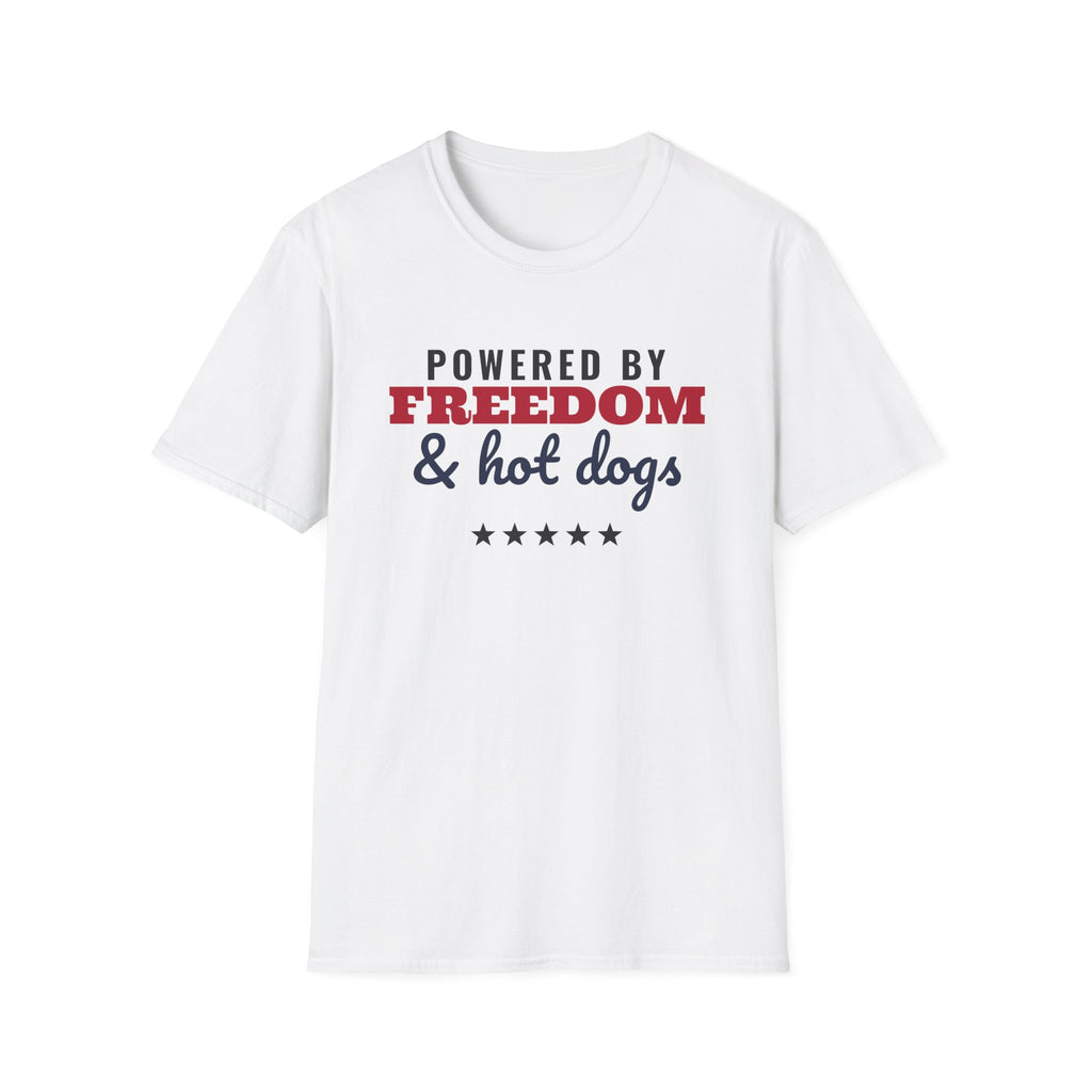 Powered By Freedom And Hot Dogs Funny 4th Of July T-Shirt – Gifted Porch, view 1