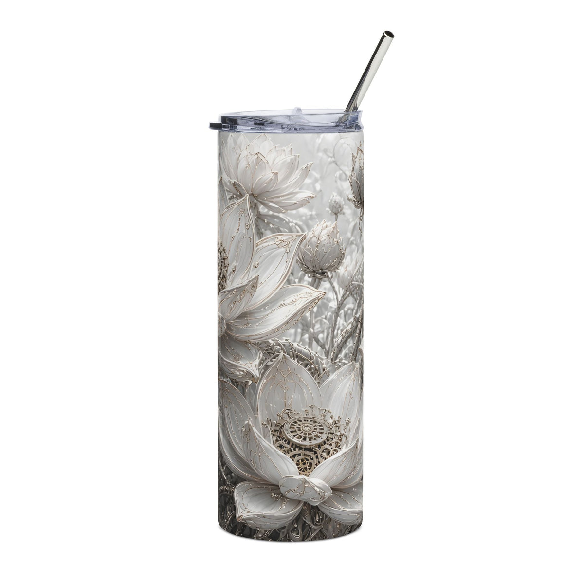 Silver Lotus 20oz tumbler – biomechanical art tumbler by Gifted Porch