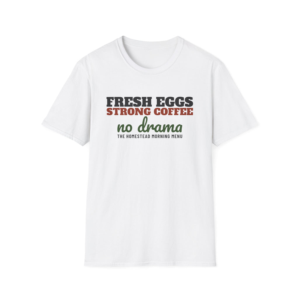 Fresh Eggs Strong Coffee No Drama Funny Farm T-Shirt – Gifted Porch, view 1