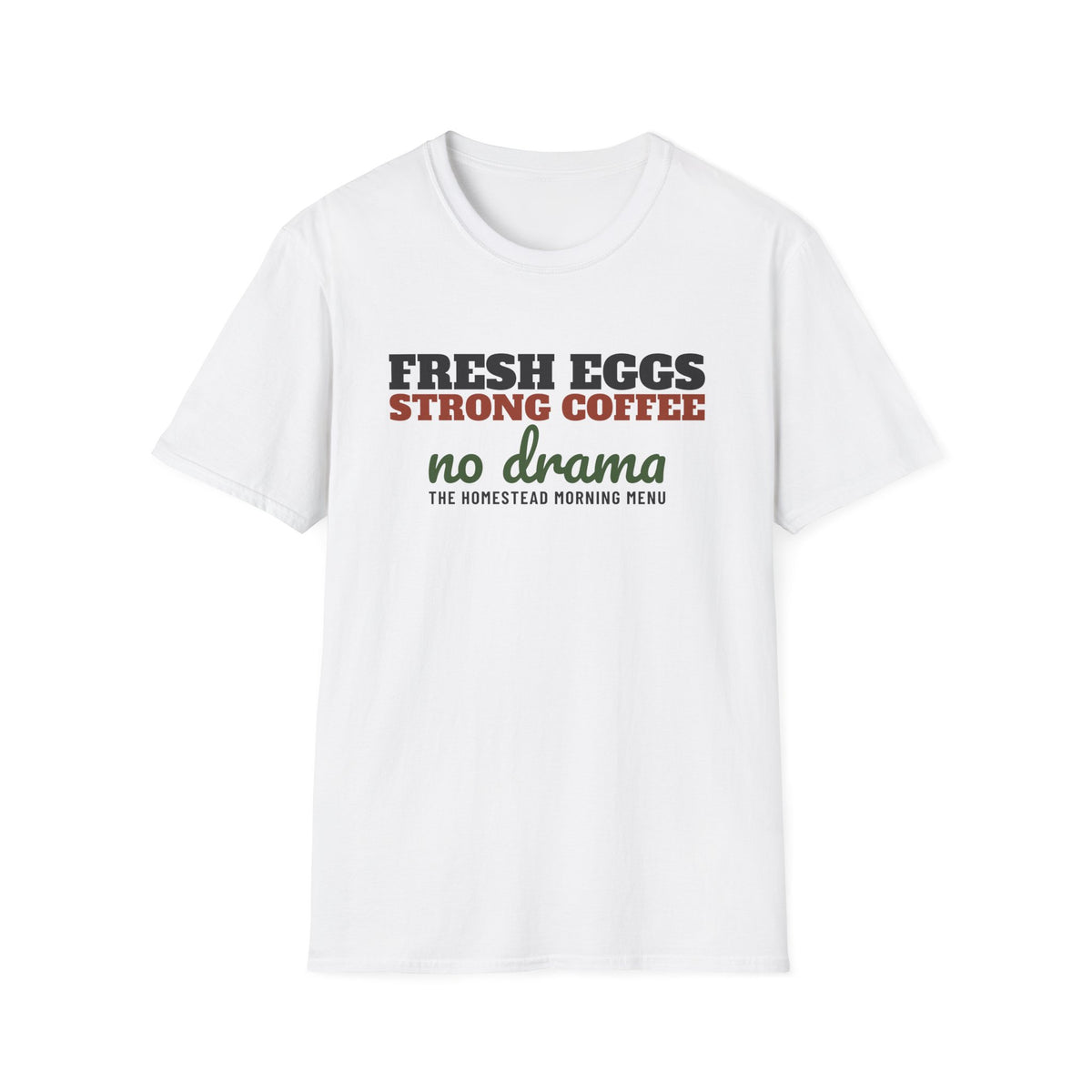 Fresh Eggs Strong Coffee No Drama Funny Farm T-Shirt – Gifted Porch, view 1